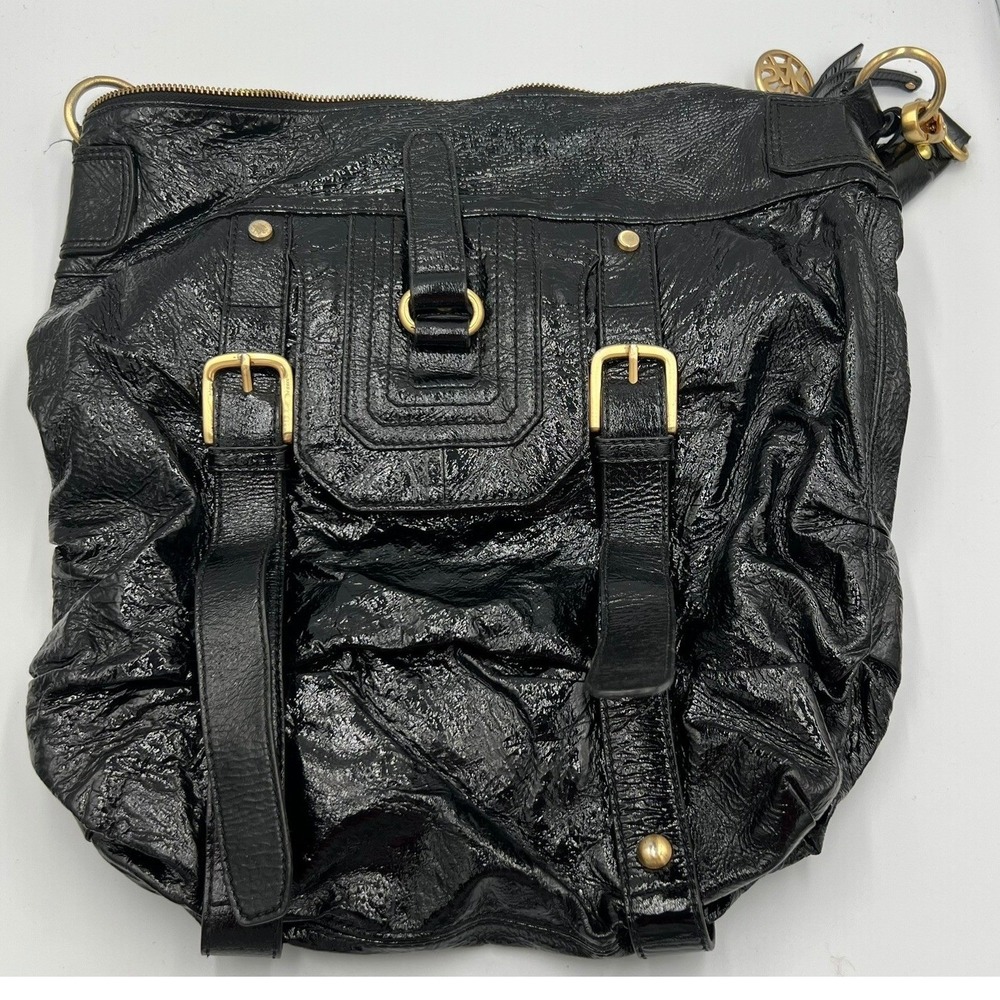 The Sak Hobo Bag Women Large Black Very Good Crinkled Patent Leather Buckle - Picture 2 of 8